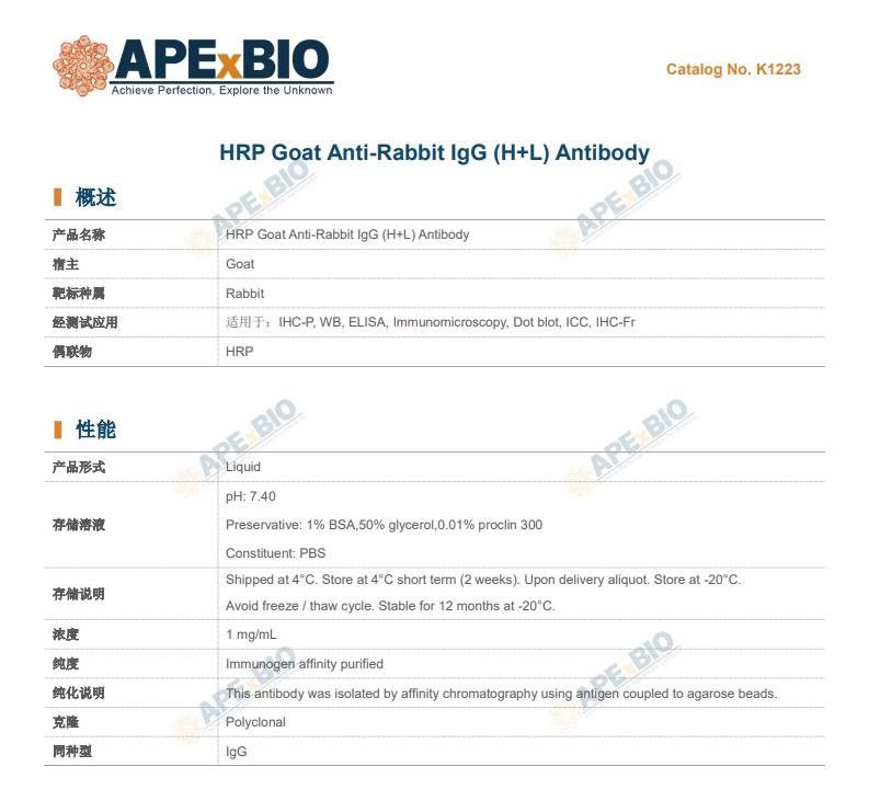 APExBIO HRP goat anti-Rabbit Igg（H+L） antibody